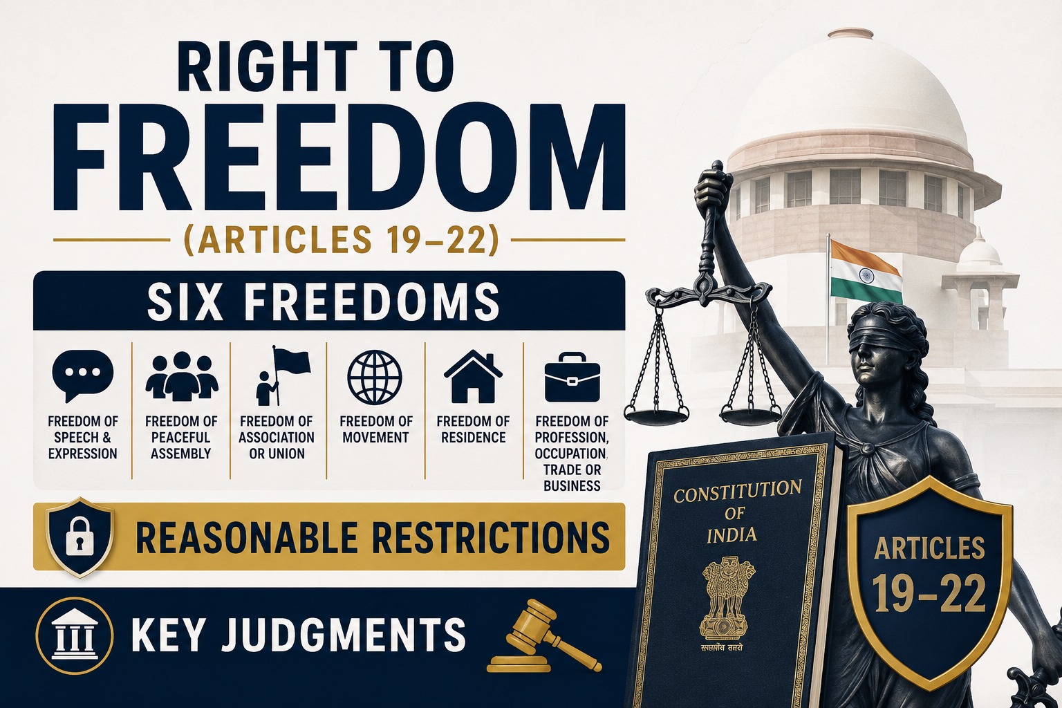 Right to Freedom (Articles 19–22) Six Freedoms, Reasonable Restrictions & Key Judgments